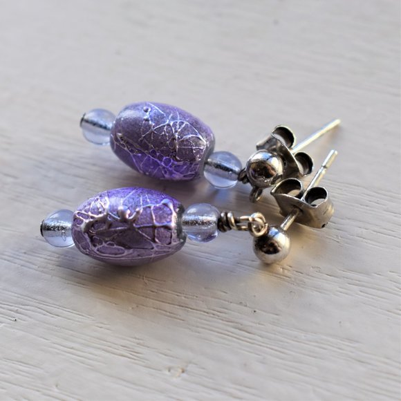 Purple Glass and Sterling Silver Dangle Earrings - Picture 2 of 5